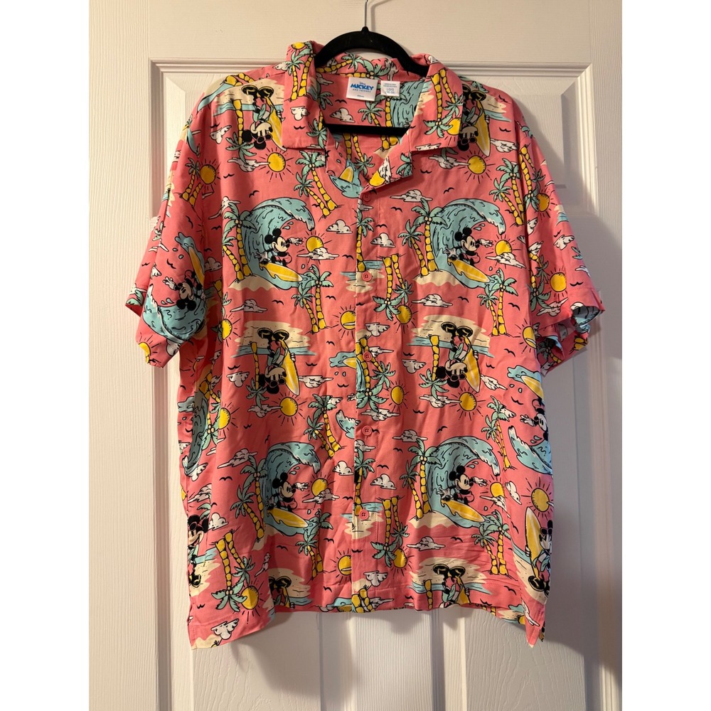 Disney Mickey Mouse Shirt Mens Large Pink Surfing Tropical Hawaiian Button